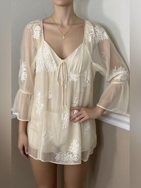 🎉 2 for $20! Sheer Embroidered Cream Peplum Dress - 1XL